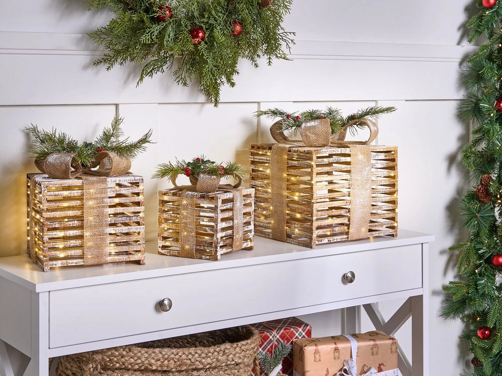 Set di 3 decorazioni natalizie in legno di abete marrone con luci LED Regali di Natale fatti a mano Tradizionali