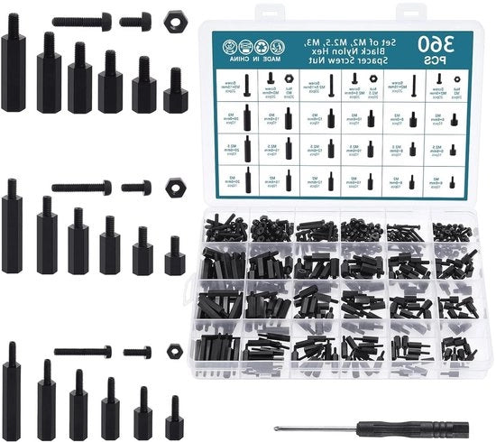 Set di accessori per stand-off in nylon nero, assortimento kit (M2, M2.5, M3) - Maschio a Femmina