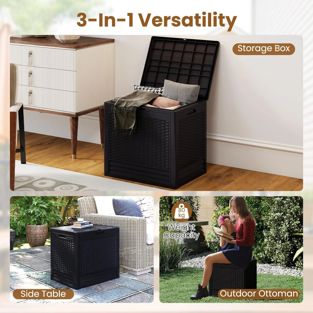 Contenitore da 96L, Scatola da Terrazza in PP Impermeabile per Uso Interno ed Esterno, Contenitore con Design in Rattan Chiudibile a Chiave per Consegna Pacchi (Marrone)