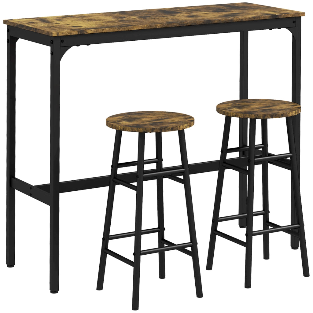 Set tavolo bar 3 pezzi con 2 sgabelli, design industriale, effetto legno, struttura in acciaio e MDF, colore marrone