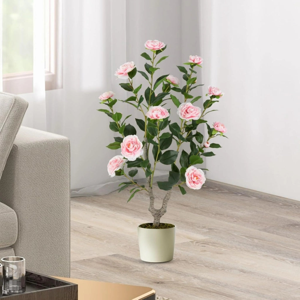 Albero di camelia artificiale da 90 cm, Pianta finta con fiori in vaso da vivai, Rosa e Verde