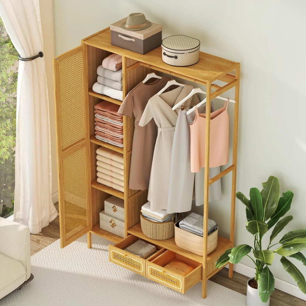 Armadietto guardaroba multifunzionale in bambù, appendiabiti robusto con asta di sospensione, scaffale portaoggetti, 2 cassetti, organizer per guardaroba autoportante, 102 x 33 x 160 cm