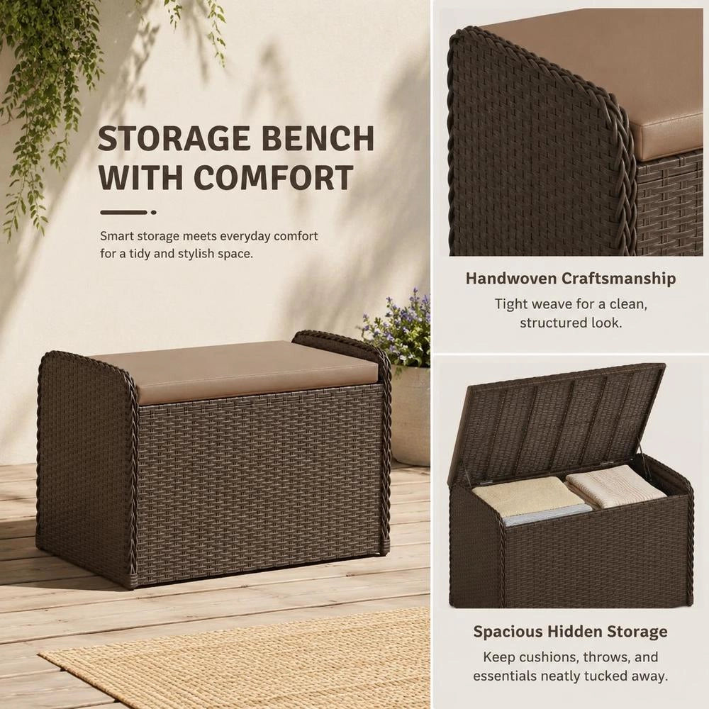 Storage Bench & Cushion, Brown, 80x51x52 Cm, Poly Rattan