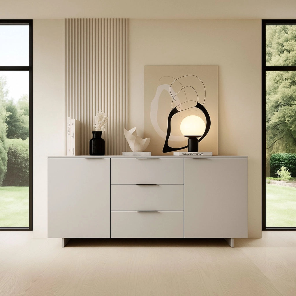 Credenza Neive, Madia da salotto con due ante battenti e tre cassetti, Rialzato da terra, 180x42 h90 cm, Beige