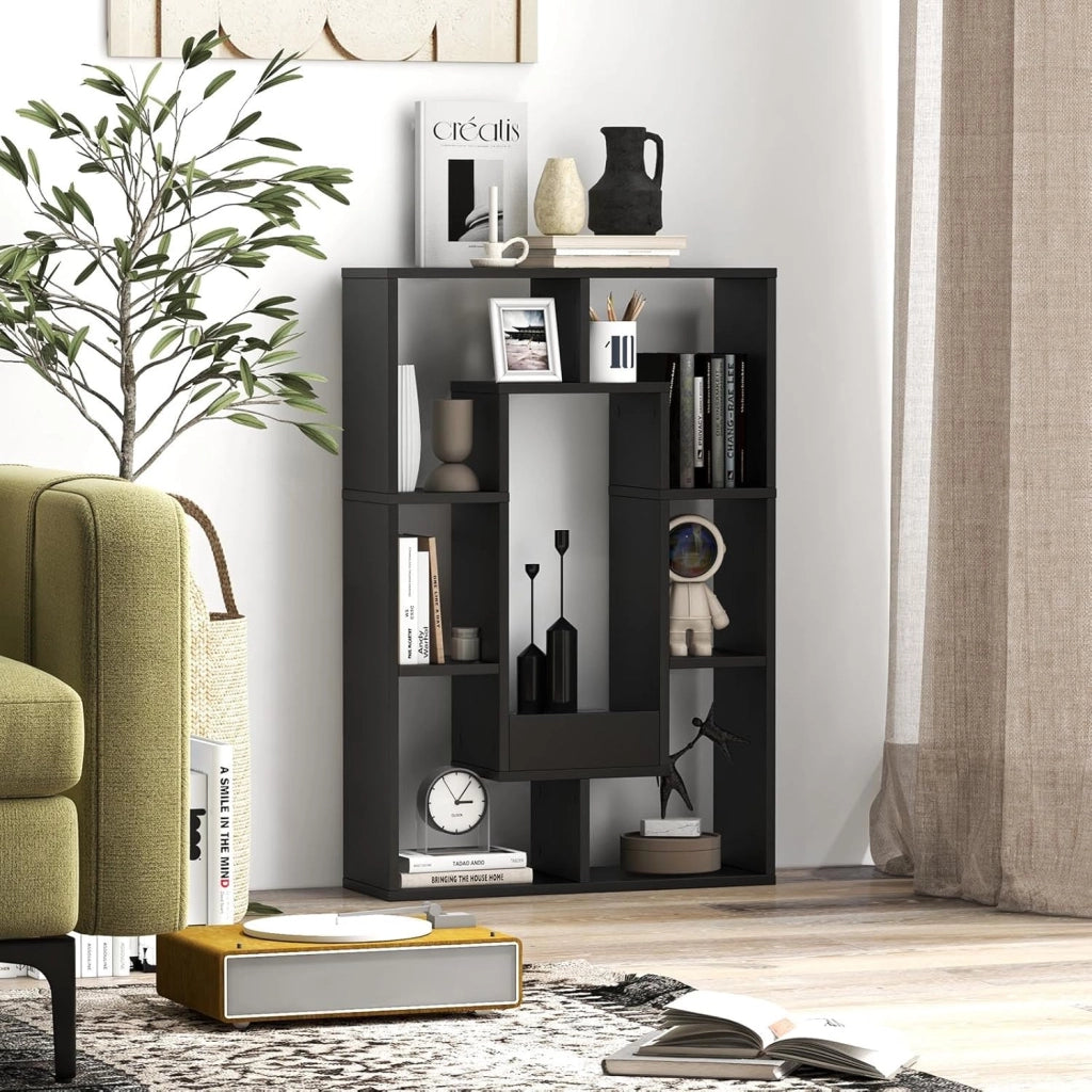 Scaffale per libreria, divisorio in legno, con 7 scomparti, 60 x 20 x 90 cm, per soggiorno, studio e camera da letto (nero)