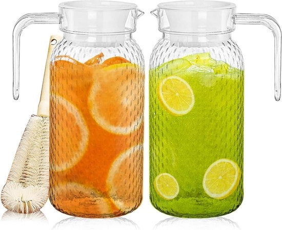 Due caraffe vetrati con coperchio e manico 1 l con ghiacciaia trasparente con pattern a diamante unico per bevande fatte in casa/te fredda/vino/caffè/lattesucco/succo/servizio vino