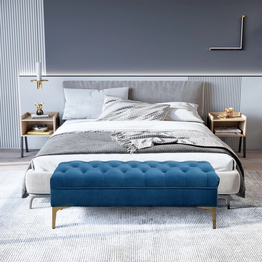 Letto contenitore imbottito ¨C zephmum ¨C Tessuto velluto, base metallo dorato, 118x45x42 cm, Blu