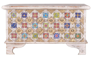 Cassapanca in massello di mango, maiolica e ottone