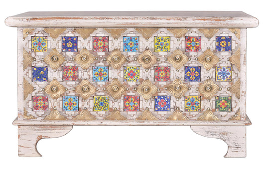 Cassapanca in massello di mango, maiolica e ottone