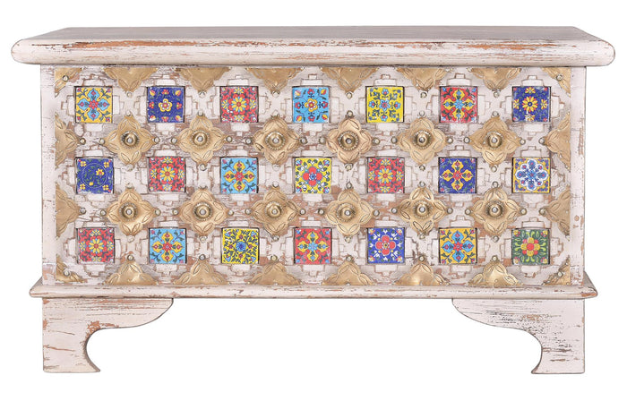 Cassapanca in massello di mango, maiolica e ottone