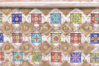 Cassapanca in massello di mango, maiolica e ottone