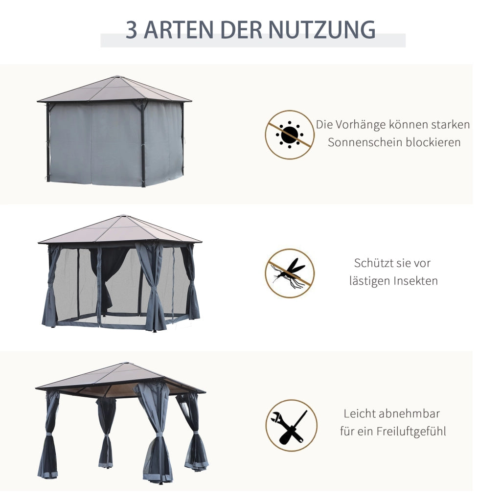 Gazebo da Giardino 3x3m ¨C Xylo ¨C Tetto Policarbonato, Tende Zanzariera, Alluminio Grigio Scuro