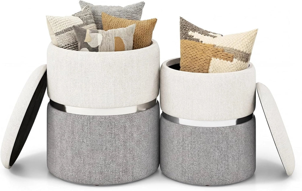 Set di 2 Pouf Contenitore in Velluto, Pouf Rotondi Imbottiti da 32L +21L, Sgabelli con Contenitore per Soggiorno, Camera da Letto, Portata 150 kg (Rosa)