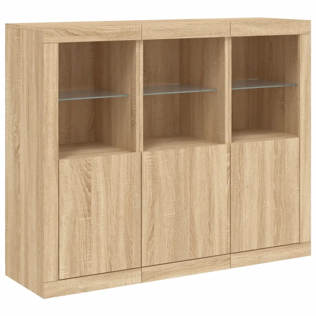 Credenze con Luci LED 3 pz | Madia | Buffet da pranzo | Armadio da pranzo Rovere Sonoma in Legno Multistrato