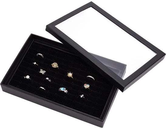 Display per Anelli con 100 Slot - Scatola per Organizzare con Copertura Translucida - 28,5 x 18,3 x 4 cm - Visualizzazione Luminosa - Cassa per Conservare Gioielli