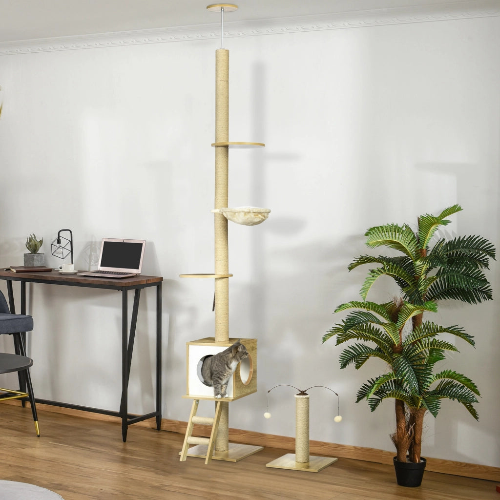 Albero tiragraffi per gatti altezza regolabile con gioco ¨C zephmum ¨C beige 40x40x225-285 cm