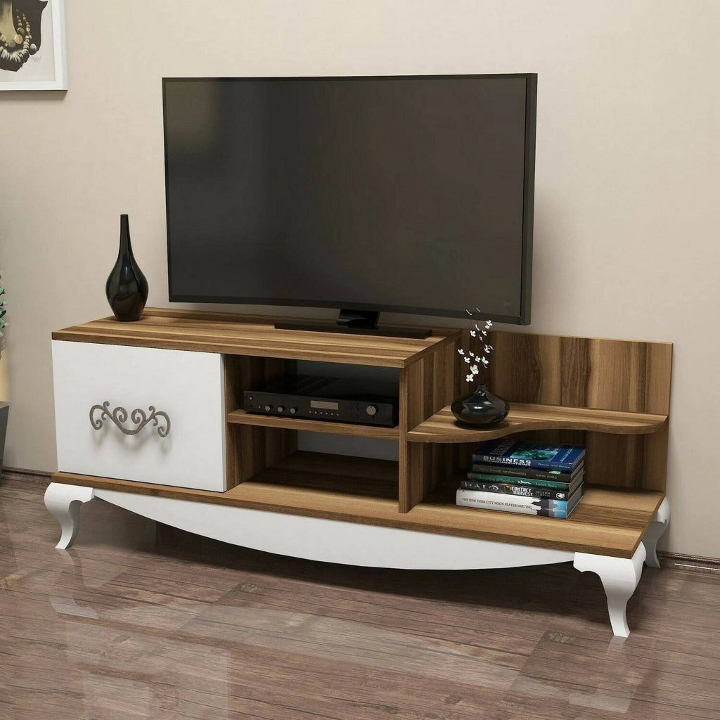 Mobile porta TV Assolo, Credenza da soggiorno, Armadio basso per TV, Base parete attrezzata, 130x45h51 cm, Noce e Bianco