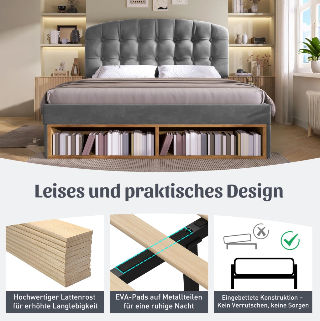Letto imbottito grigio 140 x 190 cm con testiera regolabile e contenitori