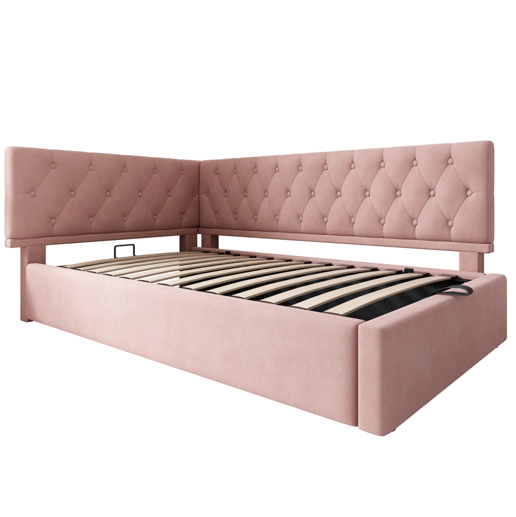 Letto imbottito 90x200 cm con contenitore idraulico; velluto rosa; senza materasso