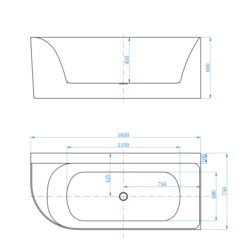 Vasca da Bagno a Isola in Acrilico 165x75x60 cm Semi-Freestanding Colore Bianco Angolo a Parete verso Destro