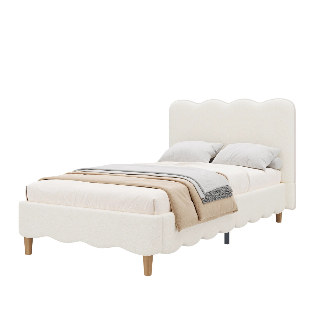 Letto singolo 90x200 cm in bouclé bianco con rete a doghe, testiera imbottita e gambe in legno massello