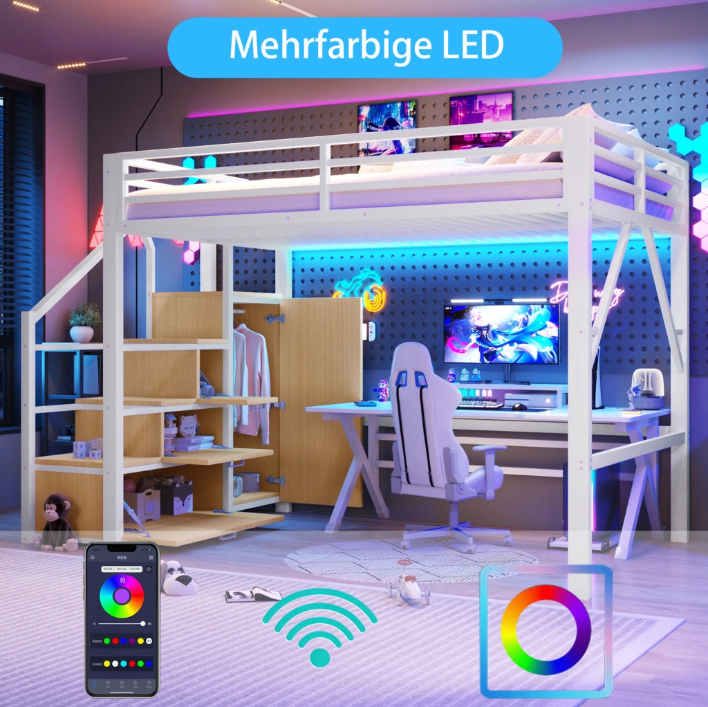 Letto a soppalco 140x200 cm con armadio, LED e contenitori