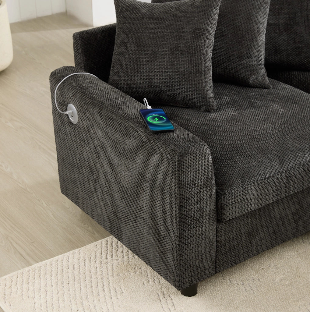 Divano modulare angolare U/L a 6 posti con 2 pouf; USB e Type-C; 283 cm; chenille grigio