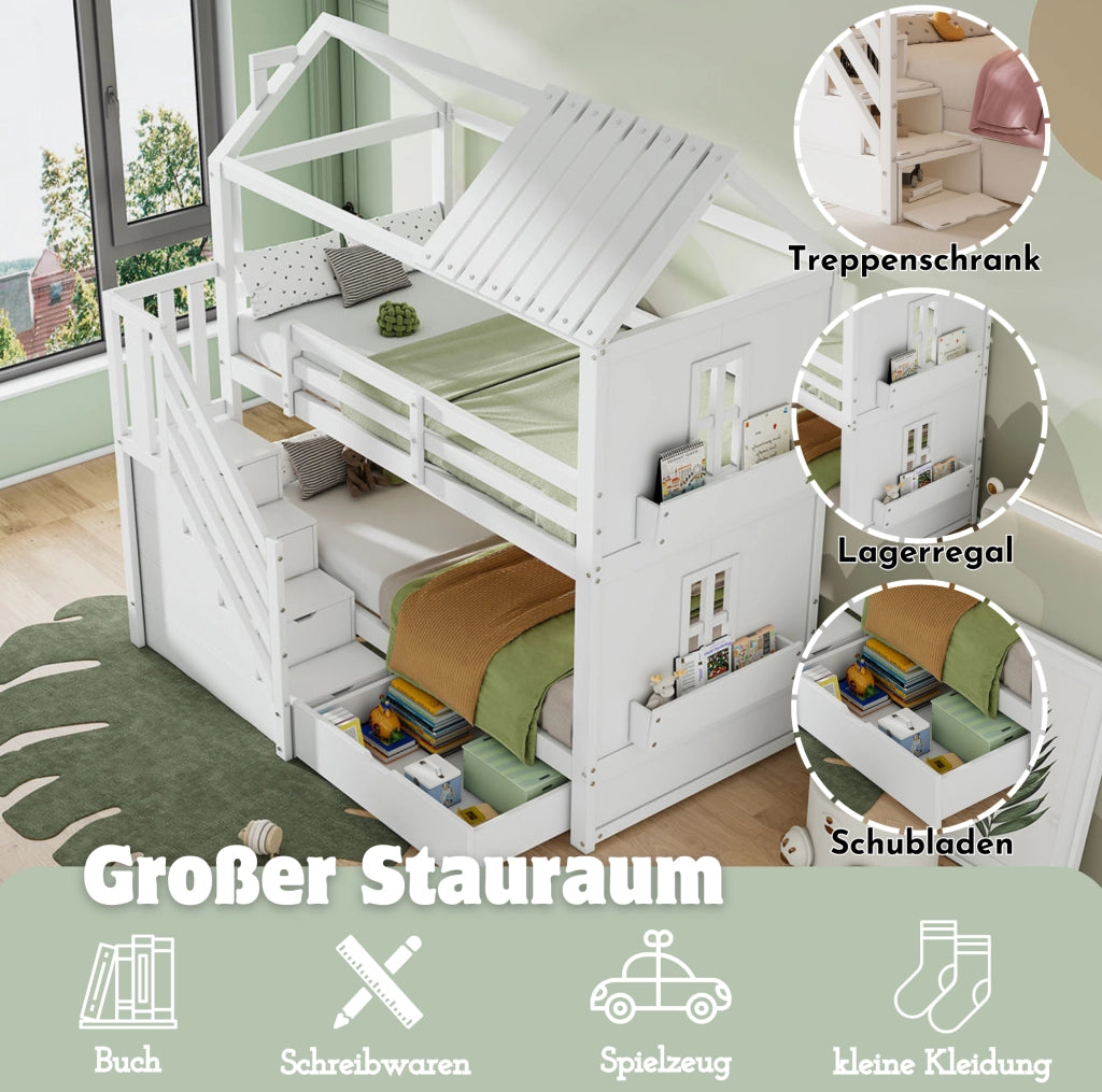 Letto a castello per bambini 90x200 cm con scale contenitore; cassetti e scaffali in pino e MDF bianco