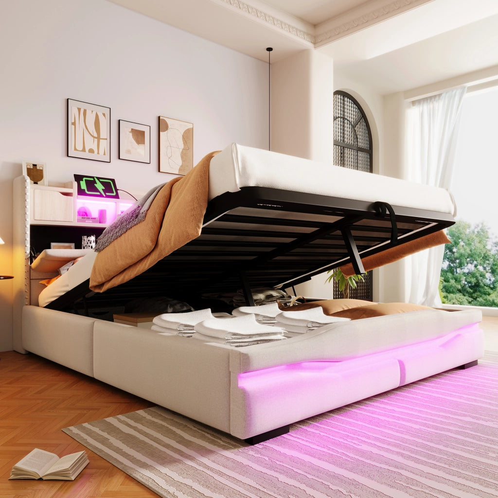 DESMIU Letto matrimoniale 160 × 200 cm con contenitore idraulico, LED, USB e Type-C, senza materasso, beige
