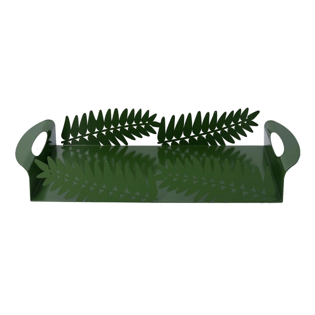 Vassoio Rettangolare 41x20xh6,5 cm in Metallo Design Foglia Alloro Verde Scuro