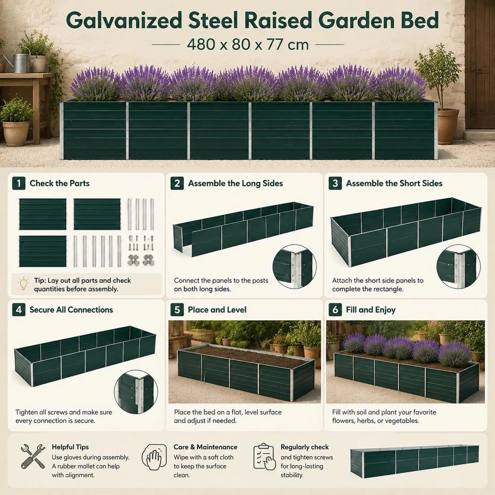Garden Raised Bed Galvanized Steel 480x80x77 Cm Green