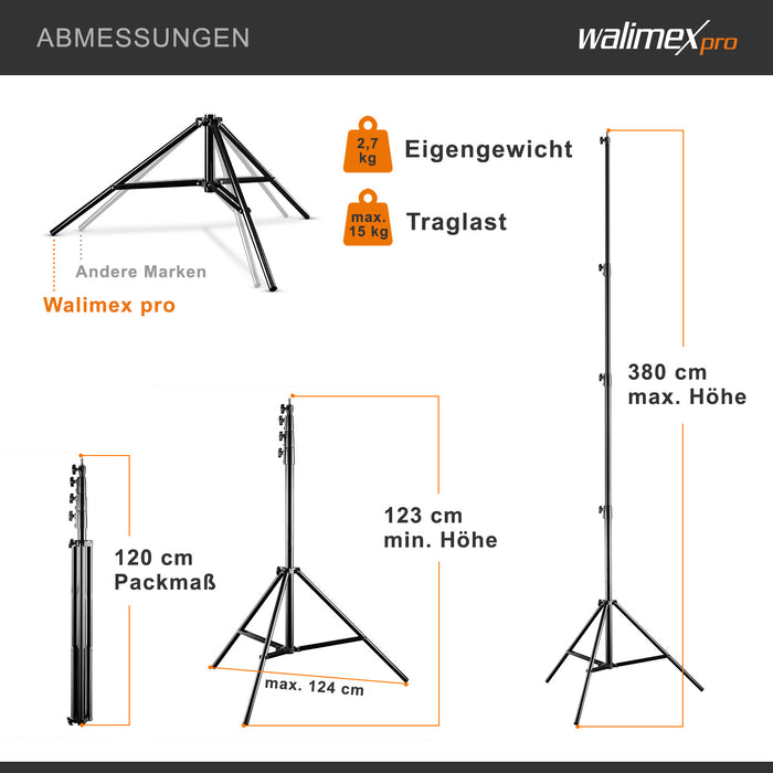 AIR 380 Deluxe Set 2 stativi per luci, altezza max 380 cm, cavalletto fotografico per flash con capacità di carico di 15 kg, treppiede per studi fotografici e outdoor