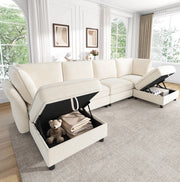 Divano modulare a U 6-7 posti con 2 pouf contenitore; 289x137x84 cm; chenille beige