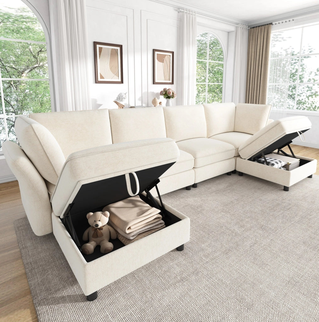 Divano modulare a U 6-7 posti con 2 pouf contenitore; 289x137x84 cm; chenille beige