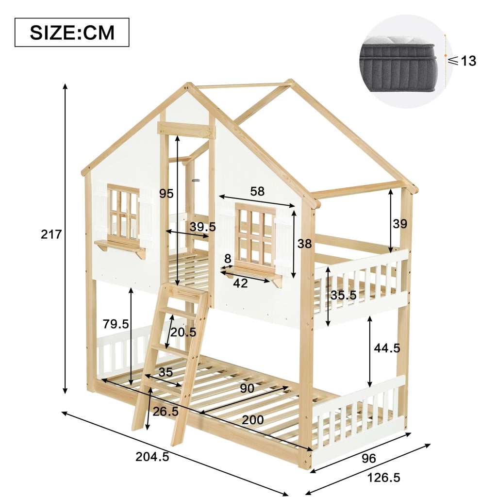 letto a castello in legno massiccio e mdf bianco naturale 90x200 cm
