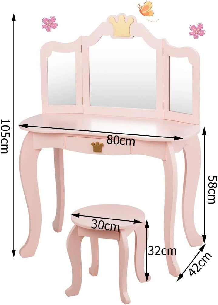 Toeletta da Trucco per Bambini, 2 in 1 Giocattolo da Trucco, Tavolo e Sgabello, con Cassetto, Specchio Rimovibile, Design Principessa, Consigliata per Ragazze 3-7 Anni, Rosa/Bianco