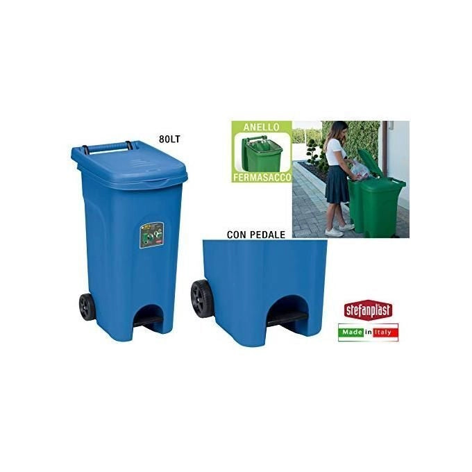 Stefanplast 2772316 Urban Eco System Bidone Carrellato 80 lt con Pedale Ruote e Anello Fermasacco colore Blu