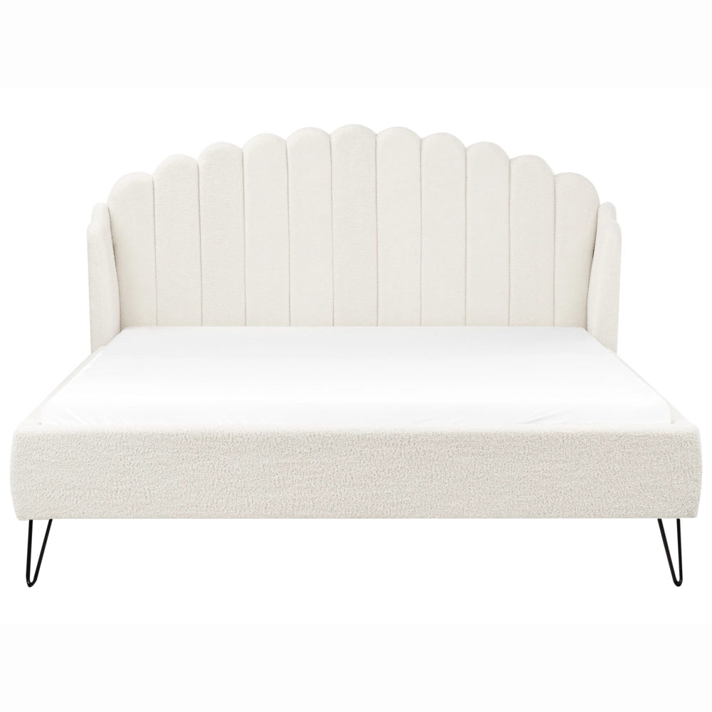 Letto matrimoniale con rete in tessuto bouclè bianco sporco 180 x 200 cm gambe in metallo testata retro capitonné