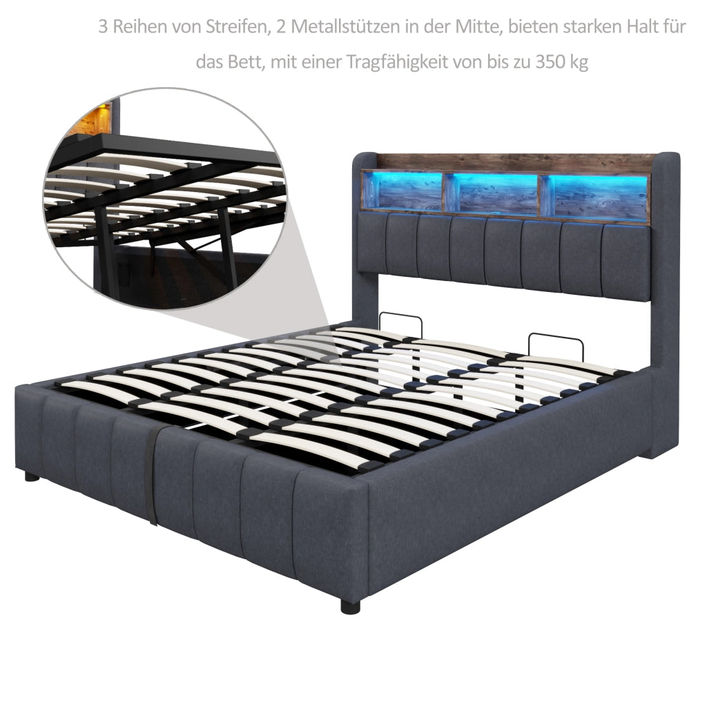 Letto contenitore matrimoniale 180×200 cm con LED; USB e Type-C; testiera con ripiani; senza materasso; grigio