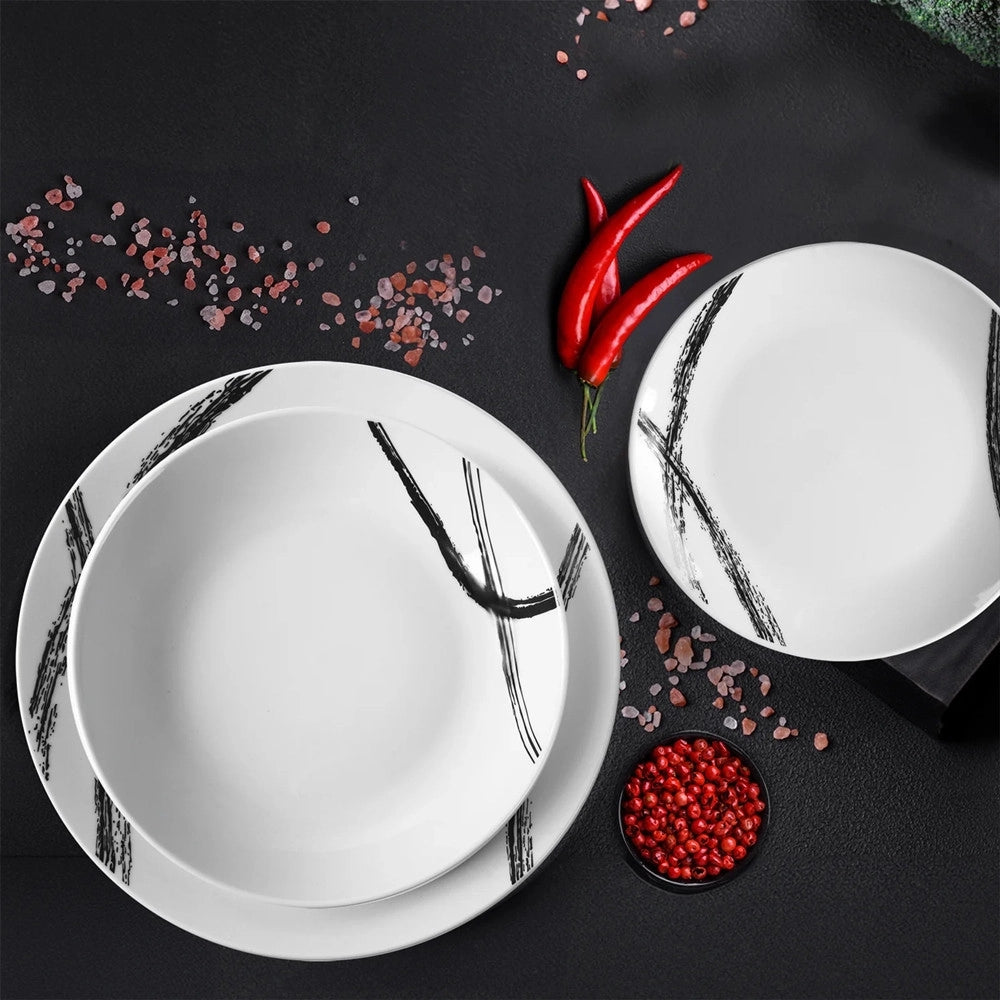 Trade Shop - Servizio Di Piatti Da Tavola In Porcellana 18pz Design Linee Grafiche Nere Stile Astratto -
