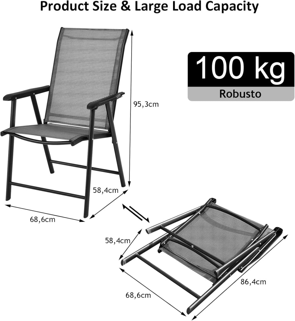 Set di 2 sedie pieghevoli, con schienale alto, da giardino, in metallo, con braccioli e schienale, resistente alle intemperie, portata fino a 110 kg (grigio)
