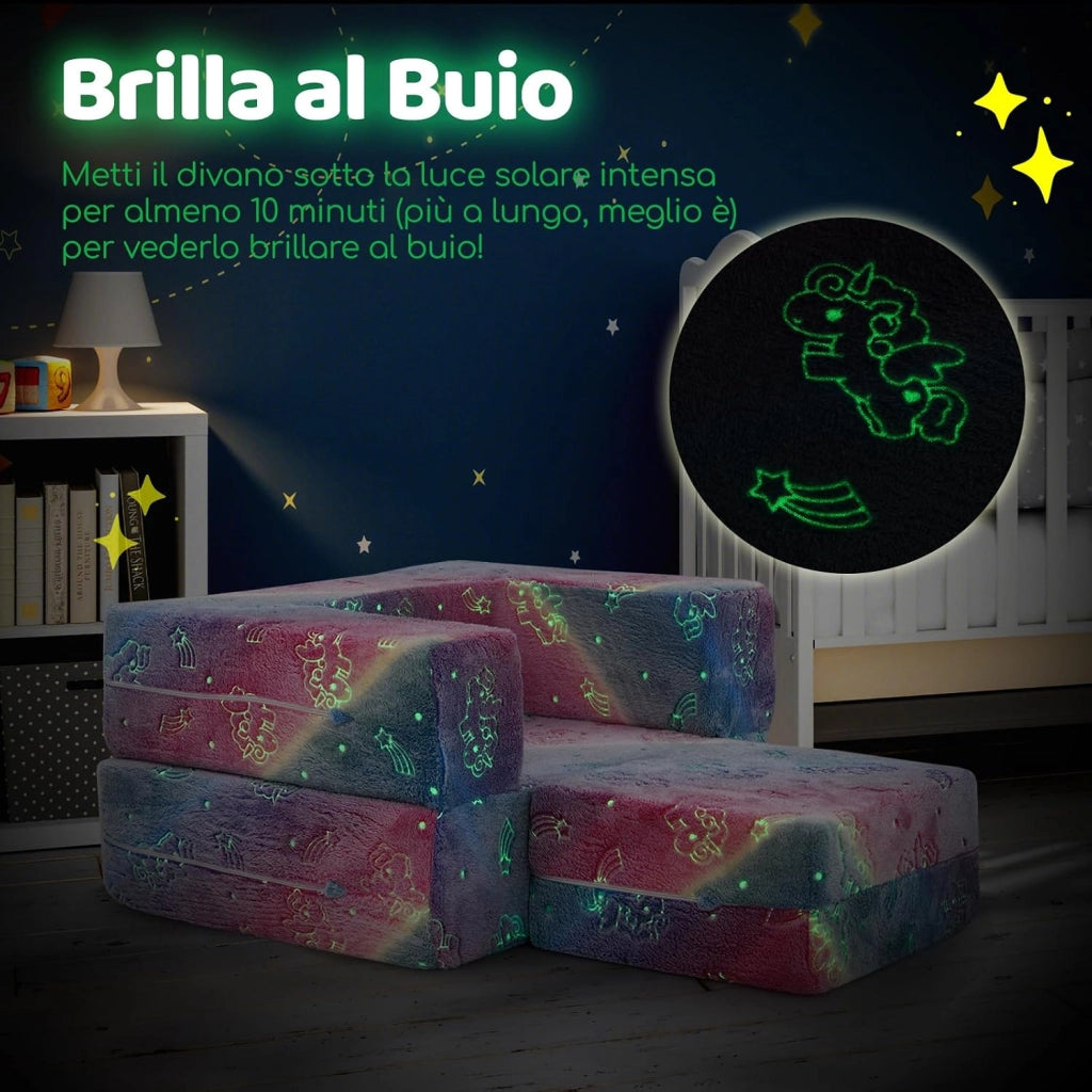 Divano Pieghevole per Bambini 5 in 1 Brilla al Buio, Poltrona Modulare con Cuscino, Fodera Lavabile in Lavatrice e Riempimento in Schiuma (Unicorno Arcobaleno)