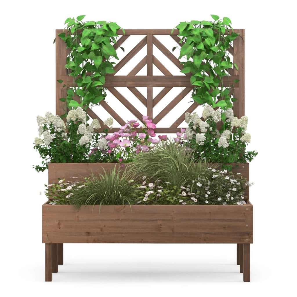Cassetta da giardino rialzata a 2 livelli con trellis foro di drenaggio, Contenitore per piante da patio Marrone-Fioriere