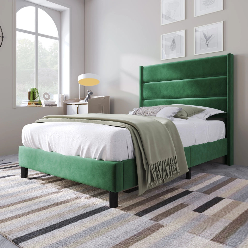 Letto singolo – 90x200 cm – testiera rete design moderno – velluto verde scuro