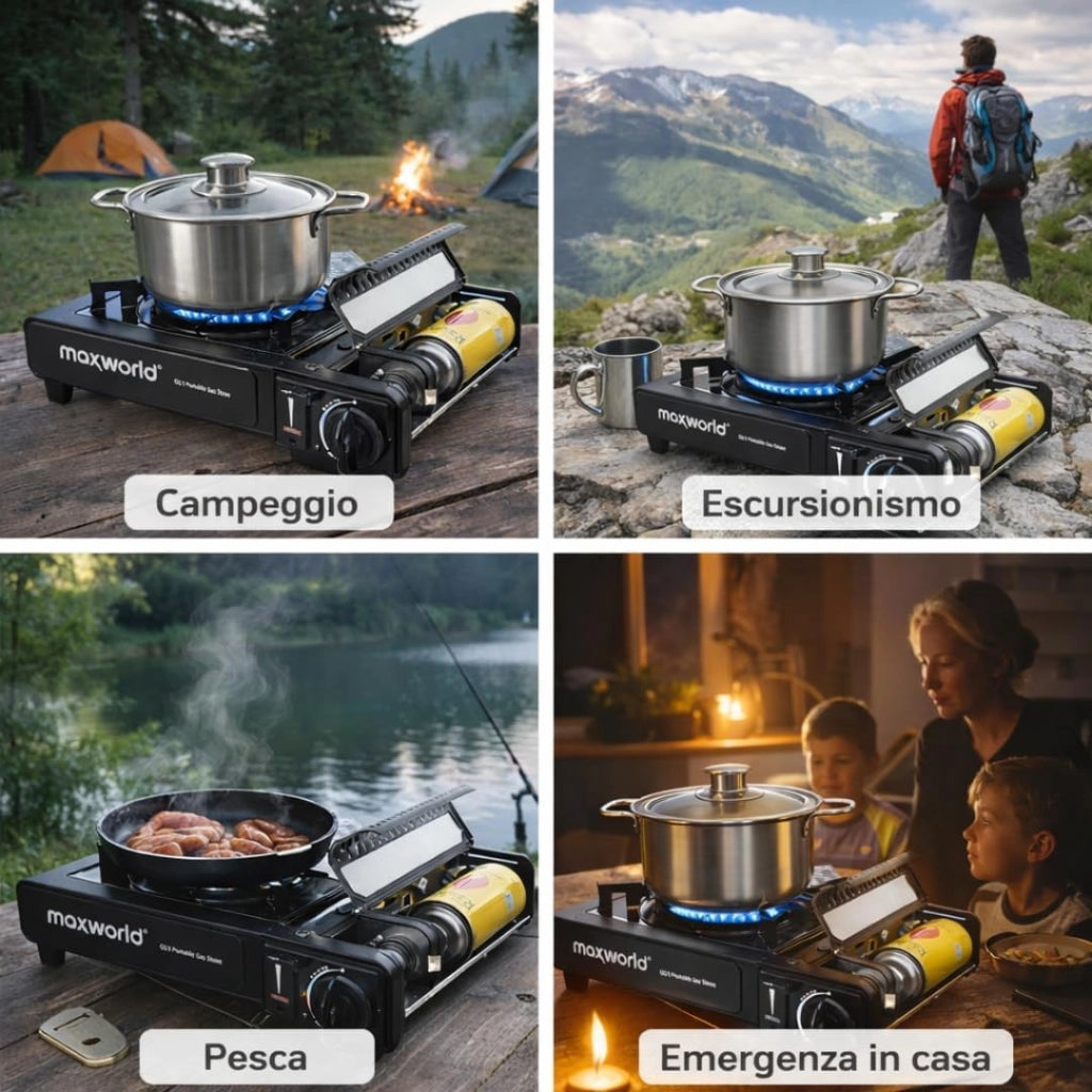 Fornello da Campeggio a Gas Portatile All-in-One con Valigetta Rigida per il Trasporto, Ideale per Campeggio, Picnic e Outdoor, Senza Cartuccia di Gas.