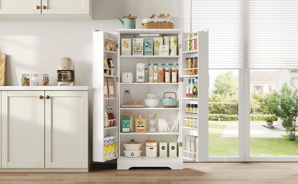 Mobile da cucina multifunzione bianco 60×35×128 cm con ripiani regolabili e luce LED sensore