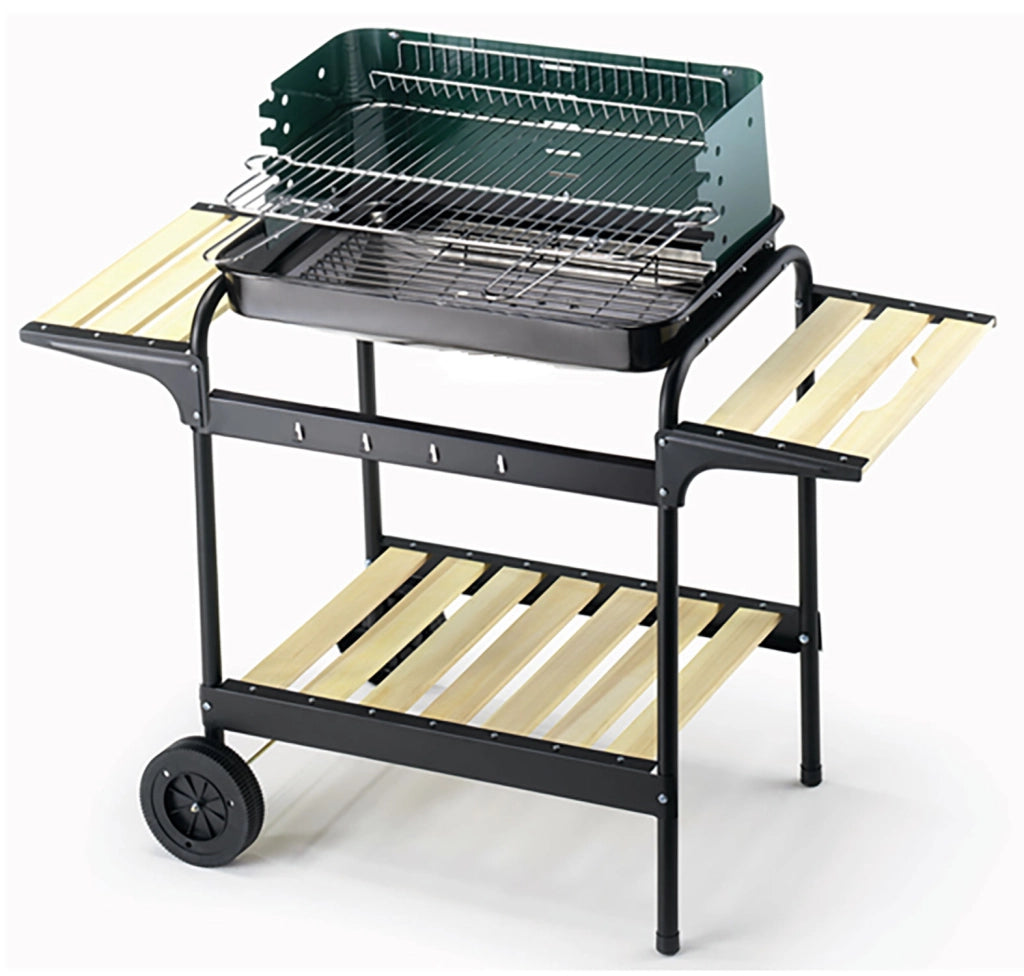 Barbecue a Carbone Griglia 58x38 cm  Ompagrill 70501 Ripiani in Legno e Struttura in Acciaio Verniciato Nero