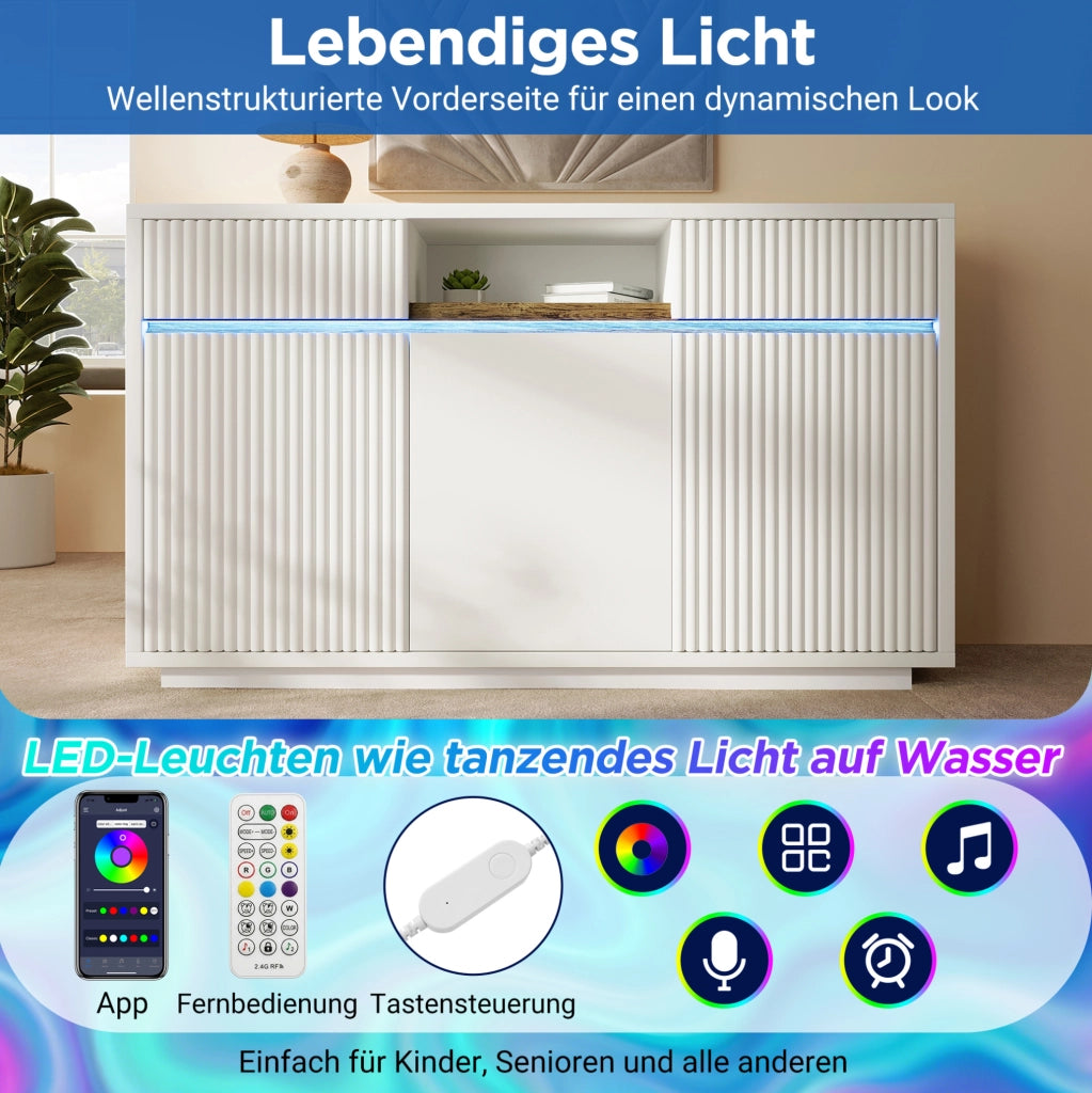 Madia bianca 140 x 40 x 85 cm con LED; 2 cassetti e ripiani regolabili