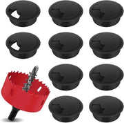 Kit di passaggi cavi 10 pezzi 60 mm con 1 sega a nastro per scrivania tavolo ufficio nero