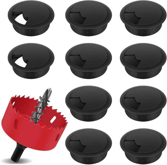 Kit di passaggi cavi 10 pezzi 60 mm con 1 sega a nastro per scrivania tavolo ufficio nero